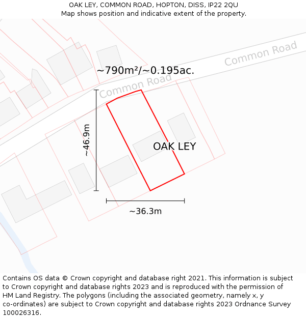 OAK LEY, COMMON ROAD, HOPTON, DISS, IP22 2QU: Plot and title map