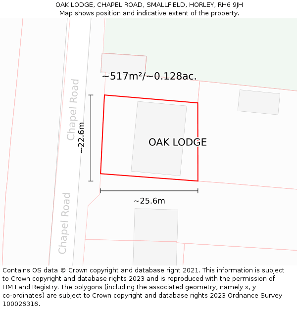 OAK LODGE, CHAPEL ROAD, SMALLFIELD, HORLEY, RH6 9JH: Plot and title map