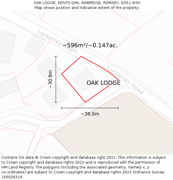 OAK LODGE, KENTS OAK, AWBRIDGE, ROMSEY, SO51 0HH: Plot and title map