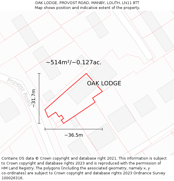 OAK LODGE, PROVOST ROAD, MANBY, LOUTH, LN11 8TT: Plot and title map