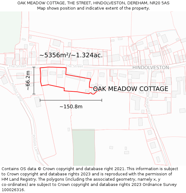 OAK MEADOW COTTAGE, THE STREET, HINDOLVESTON, DEREHAM, NR20 5AS: Plot and title map