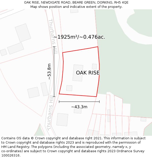 OAK RISE, NEWDIGATE ROAD, BEARE GREEN, DORKING, RH5 4QE: Plot and title map