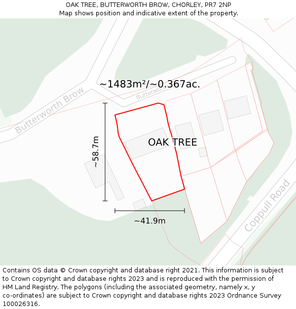 OAK TREE, BUTTERWORTH BROW, CHORLEY, PR7 2NP: Plot and title map