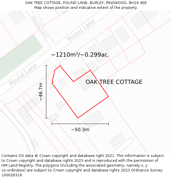 OAK TREE COTTAGE, POUND LANE, BURLEY, RINGWOOD, BH24 4EE: Plot and title map