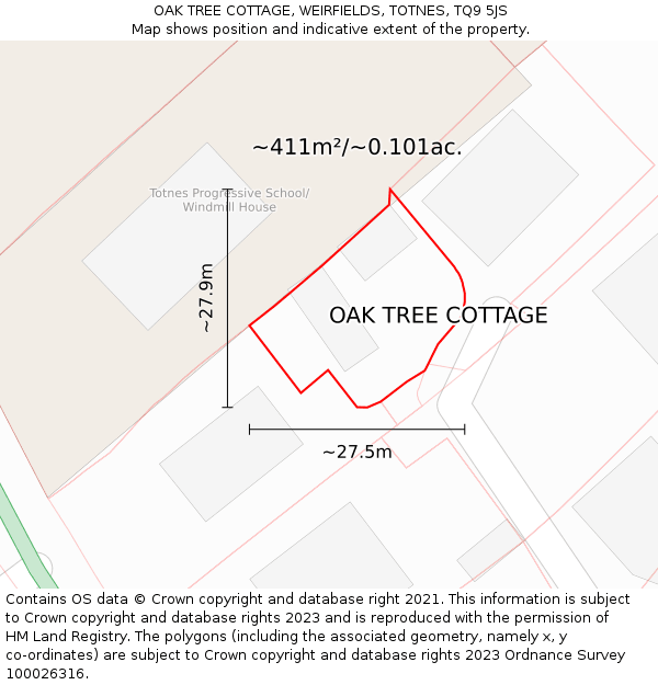 OAK TREE COTTAGE, WEIRFIELDS, TOTNES, TQ9 5JS: Plot and title map