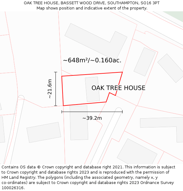 OAK TREE HOUSE, BASSETT WOOD DRIVE, SOUTHAMPTON, SO16 3PT: Plot and title map