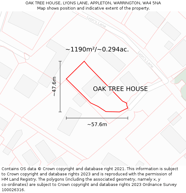 OAK TREE HOUSE, LYONS LANE, APPLETON, WARRINGTON, WA4 5NA: Plot and title map