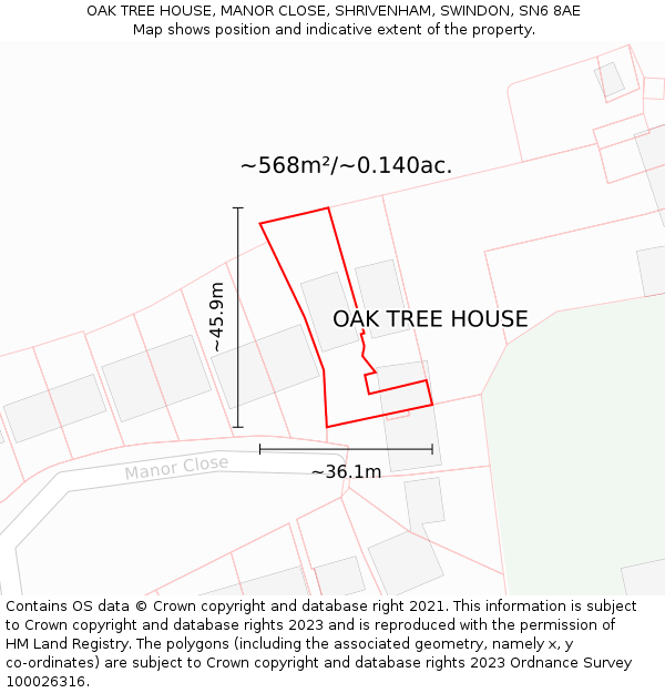 OAK TREE HOUSE, MANOR CLOSE, SHRIVENHAM, SWINDON, SN6 8AE: Plot and title map