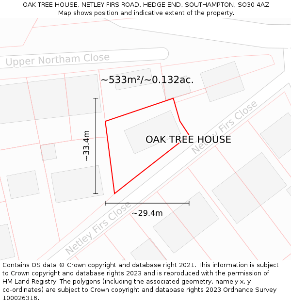 OAK TREE HOUSE, NETLEY FIRS ROAD, HEDGE END, SOUTHAMPTON, SO30 4AZ: Plot and title map