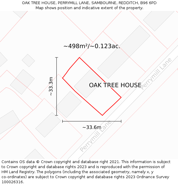 OAK TREE HOUSE, PERRYMILL LANE, SAMBOURNE, REDDITCH, B96 6PD: Plot and title map