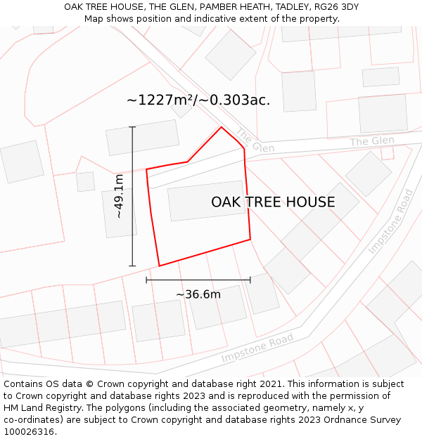 OAK TREE HOUSE, THE GLEN, PAMBER HEATH, TADLEY, RG26 3DY: Plot and title map