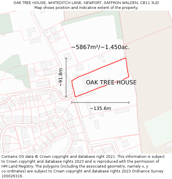 OAK TREE HOUSE, WHITEDITCH LANE, NEWPORT, SAFFRON WALDEN, CB11 3UD: Plot and title map