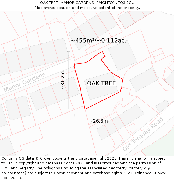 OAK TREE, MANOR GARDENS, PAIGNTON, TQ3 2QU: Plot and title map