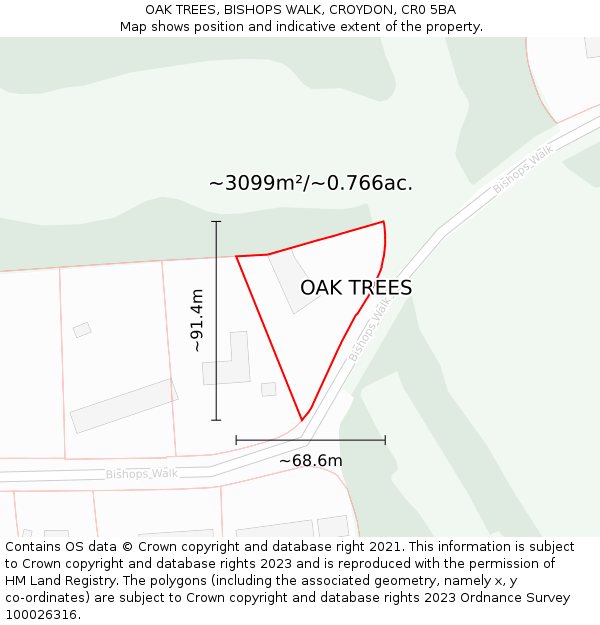 OAK TREES, BISHOPS WALK, CROYDON, CR0 5BA: Plot and title map