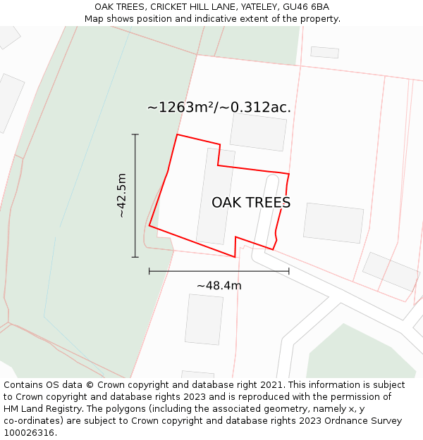 OAK TREES, CRICKET HILL LANE, YATELEY, GU46 6BA: Plot and title map