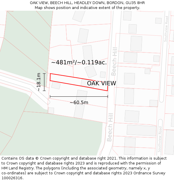 OAK VIEW, BEECH HILL, HEADLEY DOWN, BORDON, GU35 8HR: Plot and title map