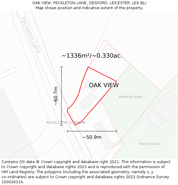 OAK VIEW, PECKLETON LANE, DESFORD, LEICESTER, LE9 9JU: Plot and title map