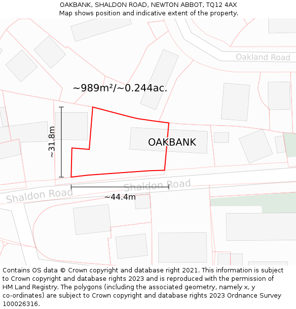 OAKBANK, SHALDON ROAD, NEWTON ABBOT, TQ12 4AX: Plot and title map