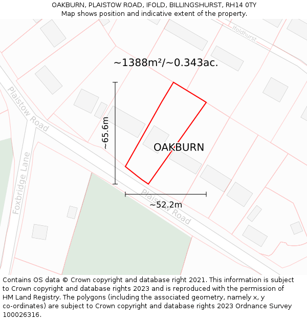 OAKBURN, PLAISTOW ROAD, IFOLD, BILLINGSHURST, RH14 0TY: Plot and title map