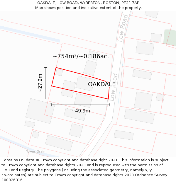 OAKDALE, LOW ROAD, WYBERTON, BOSTON, PE21 7AP: Plot and title map