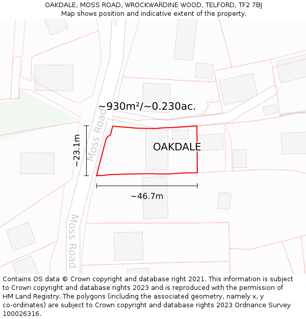 OAKDALE, MOSS ROAD, WROCKWARDINE WOOD, TELFORD, TF2 7BJ: Plot and title map