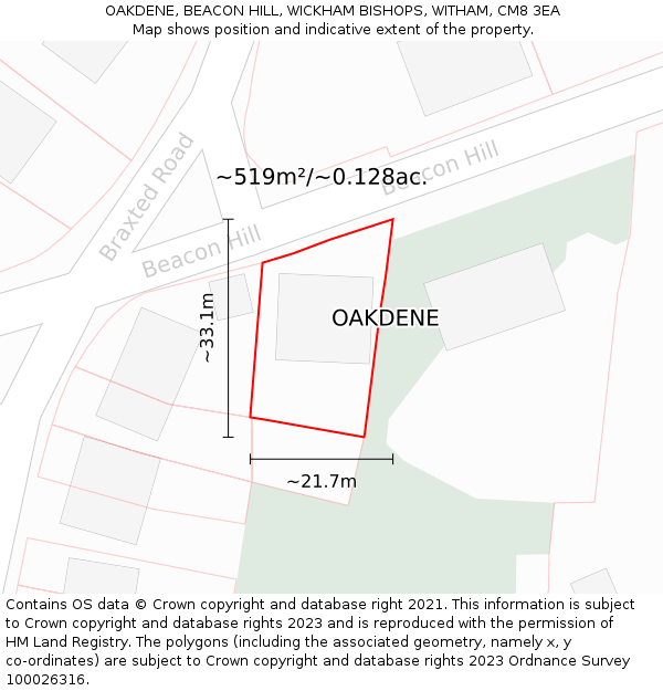 OAKDENE, BEACON HILL, WICKHAM BISHOPS, WITHAM, CM8 3EA: Plot and title map