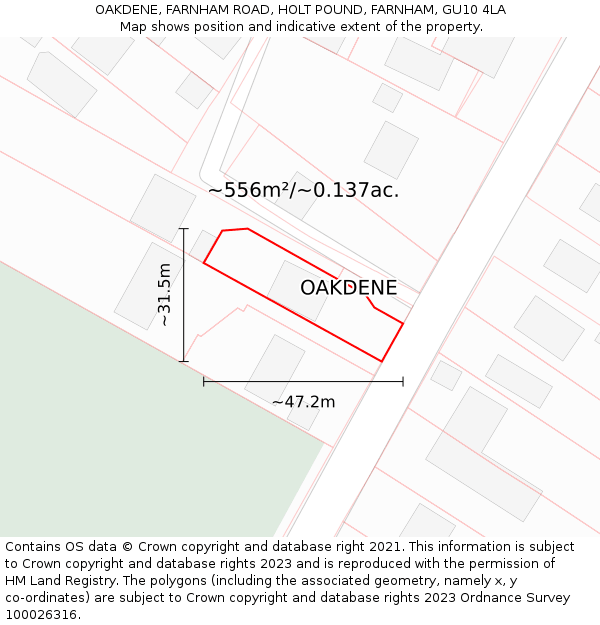 OAKDENE, FARNHAM ROAD, HOLT POUND, FARNHAM, GU10 4LA: Plot and title map