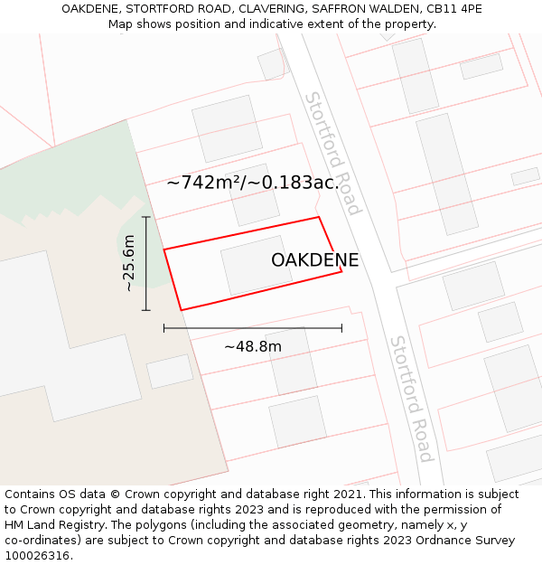 OAKDENE, STORTFORD ROAD, CLAVERING, SAFFRON WALDEN, CB11 4PE: Plot and title map