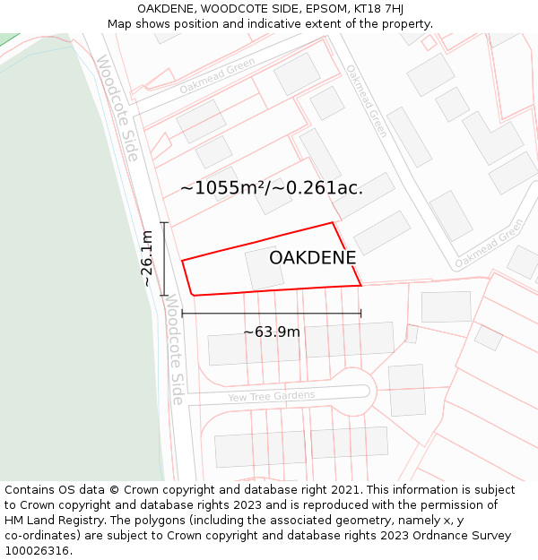 OAKDENE, WOODCOTE SIDE, EPSOM, KT18 7HJ: Plot and title map