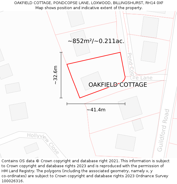 OAKFIELD COTTAGE, PONDCOPSE LANE, LOXWOOD, BILLINGSHURST, RH14 0XF: Plot and title map