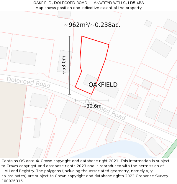 OAKFIELD, DOLECOED ROAD, LLANWRTYD WELLS, LD5 4RA: Plot and title map