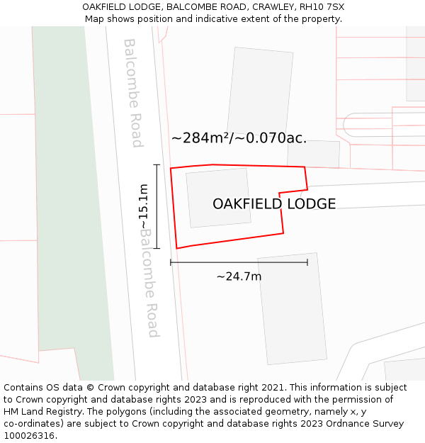 OAKFIELD LODGE, BALCOMBE ROAD, CRAWLEY, RH10 7SX: Plot and title map