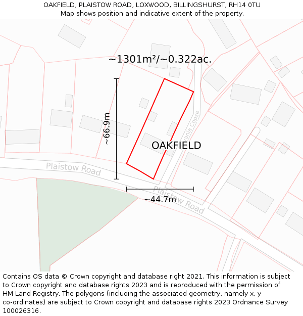 OAKFIELD, PLAISTOW ROAD, LOXWOOD, BILLINGSHURST, RH14 0TU: Plot and title map