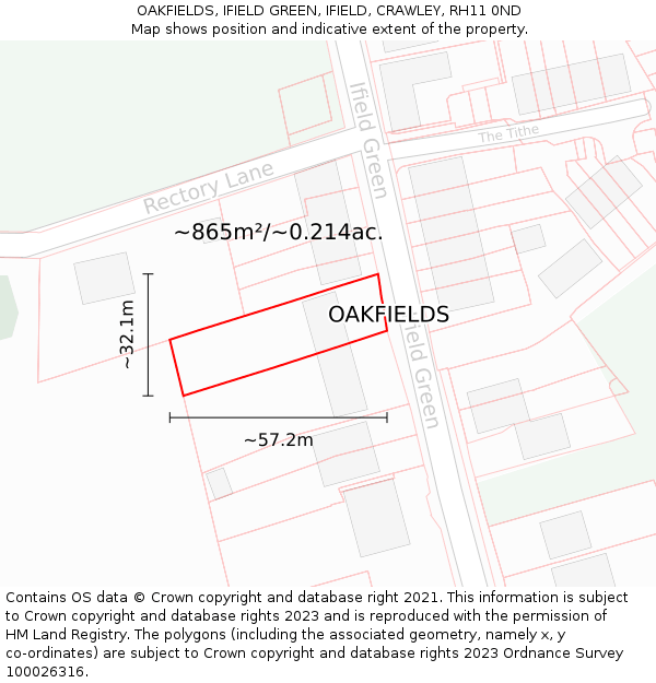 OAKFIELDS, IFIELD GREEN, IFIELD, CRAWLEY, RH11 0ND: Plot and title map