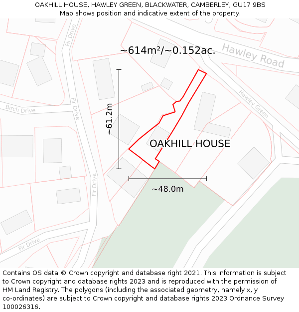 OAKHILL HOUSE, HAWLEY GREEN, BLACKWATER, CAMBERLEY, GU17 9BS: Plot and title map