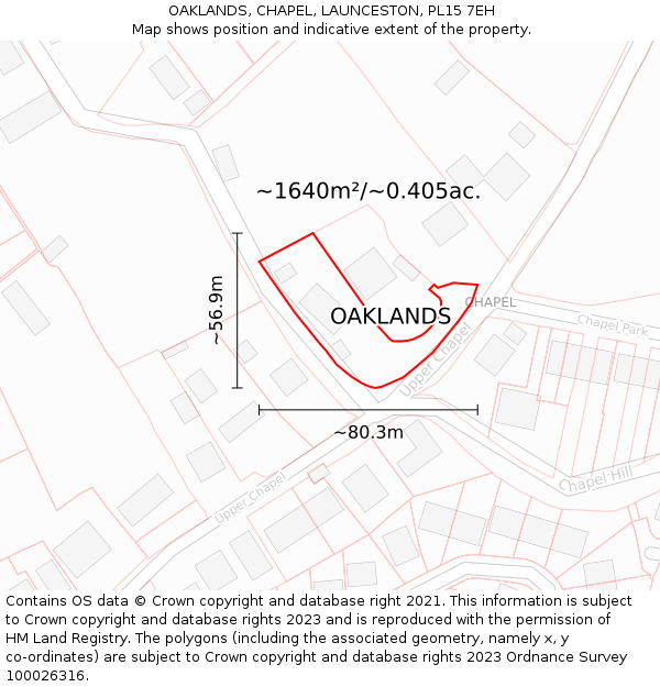 OAKLANDS, CHAPEL, LAUNCESTON, PL15 7EH: Plot and title map