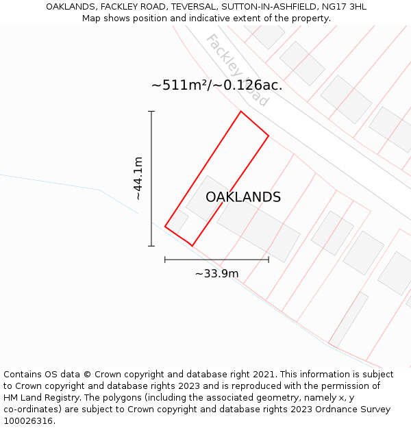 OAKLANDS, FACKLEY ROAD, TEVERSAL, SUTTON-IN-ASHFIELD, NG17 3HL: Plot and title map
