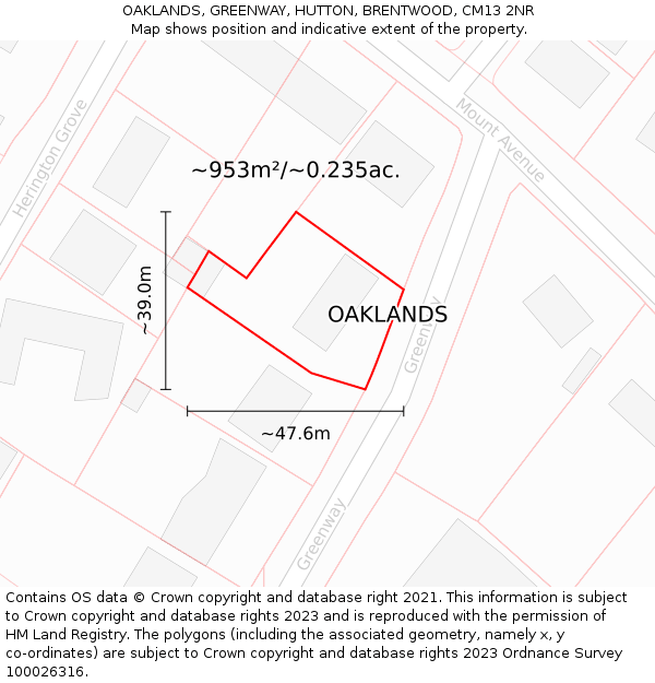 OAKLANDS, GREENWAY, HUTTON, BRENTWOOD, CM13 2NR: Plot and title map