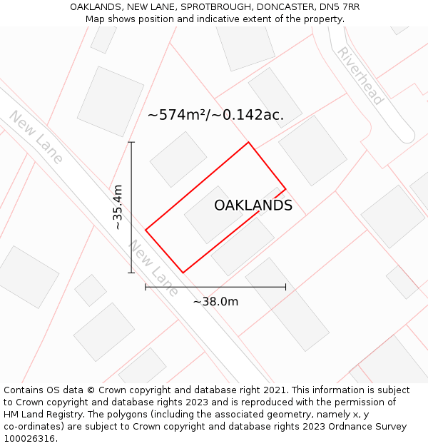 OAKLANDS, NEW LANE, SPROTBROUGH, DONCASTER, DN5 7RR: Plot and title map