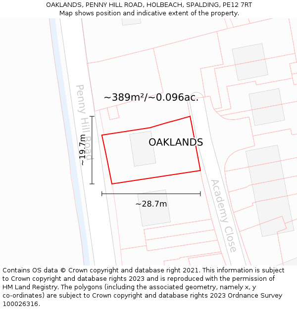 OAKLANDS, PENNY HILL ROAD, HOLBEACH, SPALDING, PE12 7RT: Plot and title map