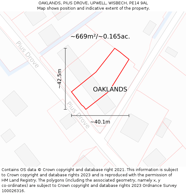 OAKLANDS, PIUS DROVE, UPWELL, WISBECH, PE14 9AL: Plot and title map