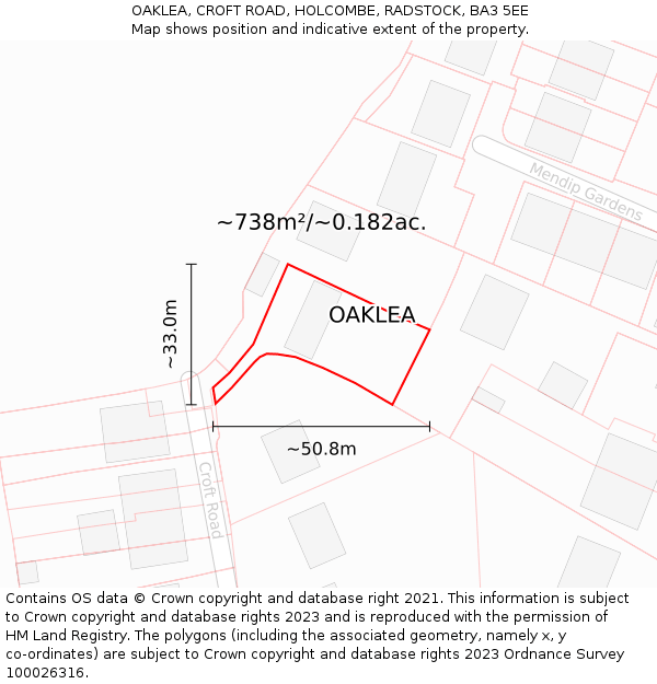 OAKLEA, CROFT ROAD, HOLCOMBE, RADSTOCK, BA3 5EE: Plot and title map