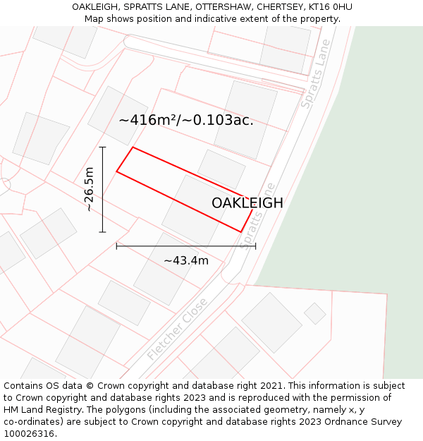OAKLEIGH, SPRATTS LANE, OTTERSHAW, CHERTSEY, KT16 0HU: Plot and title map