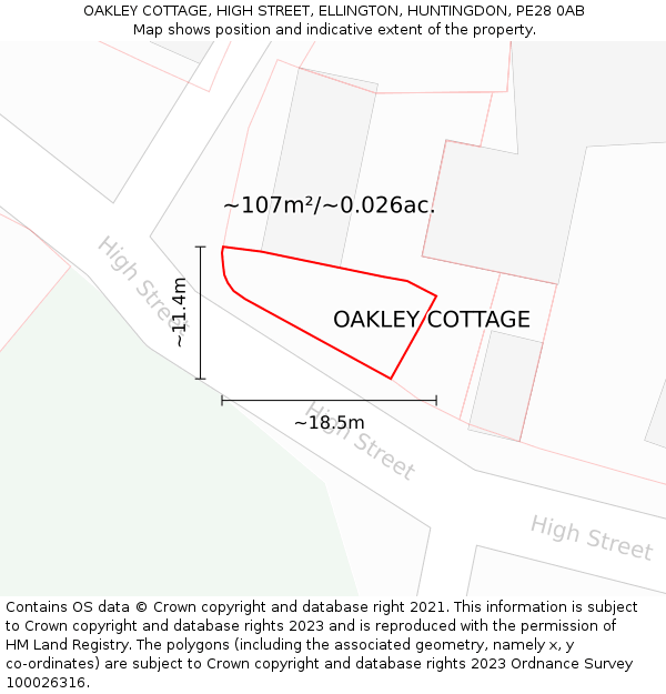OAKLEY COTTAGE, HIGH STREET, ELLINGTON, HUNTINGDON, PE28 0AB: Plot and title map