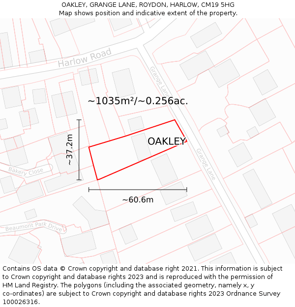 OAKLEY, GRANGE LANE, ROYDON, HARLOW, CM19 5HG: Plot and title map