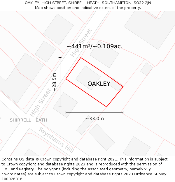 OAKLEY, HIGH STREET, SHIRRELL HEATH, SOUTHAMPTON, SO32 2JN: Plot and title map