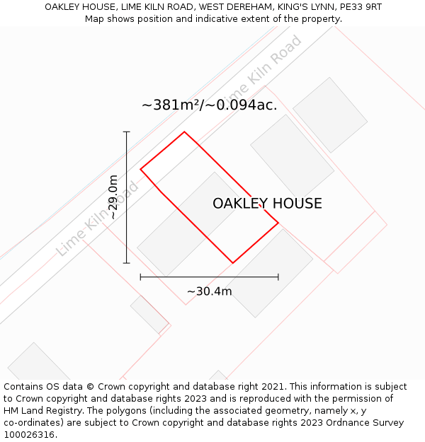 OAKLEY HOUSE, LIME KILN ROAD, WEST DEREHAM, KING'S LYNN, PE33 9RT: Plot and title map