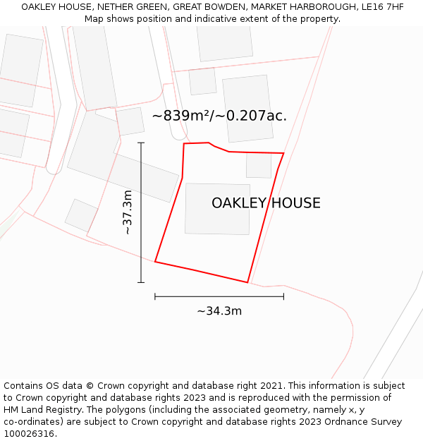 OAKLEY HOUSE, NETHER GREEN, GREAT BOWDEN, MARKET HARBOROUGH, LE16 7HF: Plot and title map