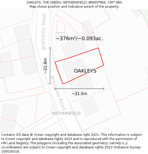 OAKLEYS, THE GREEN, WETHERSFIELD, BRAINTREE, CM7 4BS: Plot and title map