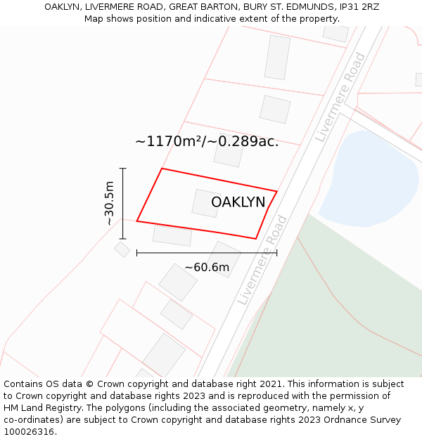 OAKLYN, LIVERMERE ROAD, GREAT BARTON, BURY ST. EDMUNDS, IP31 2RZ: Plot and title map